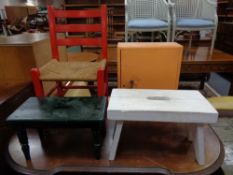 Two painted crackets together with a painted mid 20th century bathroom cabinet and a painted