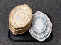 A tray of five 19th century Burlsem graduated dishes and four further antique gilded comport dishes