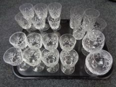 A tray of assorted lead crystal drinking glasses