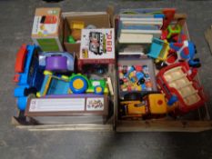 Two crates of children's toys to include early learning centre vehicles and figures and wooden
