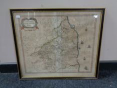 An antiquarian hand coloured framed map of Northumberland