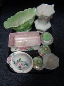 A tray of Maling - peony rose trinket pieces, blue lustre sundae dish,