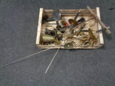 A crate of brass wall lights, vintage mincer, cobbler's last,