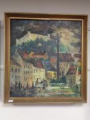 Continental school : buildings by a column, oil on board, framed.