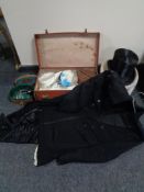 A basket of vintage case, gent's silk top hat by Dunn & Company, two piece suit, ties,