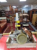 A crate of assorted metal ware to include antique brass cast iron handled bed warming pan,