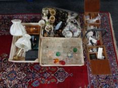 Three crates of table lamps, beer steins, glass ware,