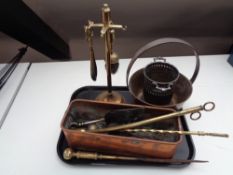 A tray of assorted antique and later metal wares to include copper trough, brass jam pan,
