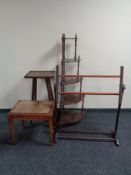 A corner whatnot stand, an Edwardian occasional table,