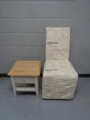 A contemporary oak topped bedside stand on painted base together with a high back dining chair with