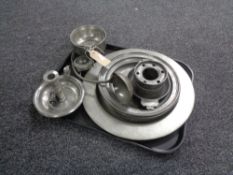 A tray of ten pieces of antique pewter ware, E Stacey ladle, Walker & Hall plates,