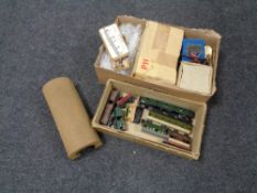 Two boxes of Marklin tin plated rolling stock and track,