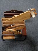 A tray of treen pieces to include, letter racks, trinket box with brass inlay,