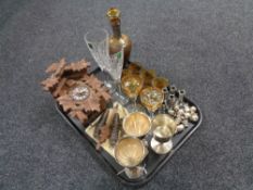 A tray of Cuckoo clock with weights and pendulum, decanter with glasses,