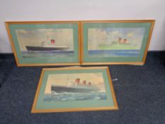 A set of six C E Turner framed prints depicting cruise liners including the Queen Mary, Mauretania,