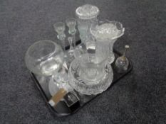 A tray of assorted glass ware, flower vases, bowls, candle holders,