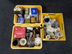 Three boxes of miscellany to include Ringtons tins and jars, vintage soda siphon, cocktail shaker,