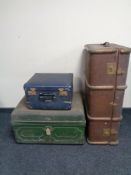 An early 20th century bentwood trunk together with a tin trunk and a Sky Chief luggage case