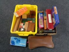 Two boxes of knitting needles, assorted board games,