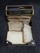 A box containing socket set, brass embossed magazine rack,