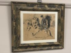 Antoni Sulek : Three male figures, watercolour, indistinct signature with date 1972?, 25cm by 20cm.