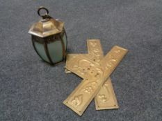 Two brass Art Nouveau door plates together with a brass and glass hanging light
