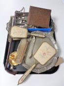 A tray of riding crop, three piece petit point dressing table set,