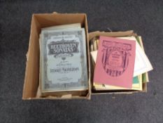 Two boxes of sheet music and music books