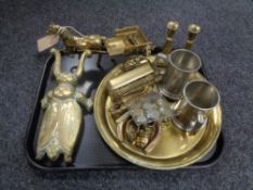 A tray of pair of pewter tankards, brass ware, candlesticks, horse drawn carriage,