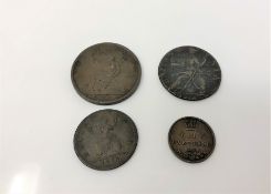An 1806 bronze half penny, another indistinctly dated 1784?, 1844 half farthing, 1754 farthing.