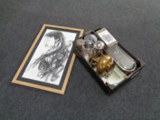 A framed charcoal drawing, girl screaming,