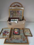A box containing assorted pictures and prints to include gilt framed needleworks, Venetian scenes,