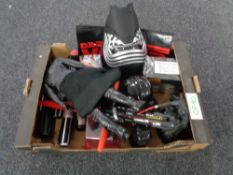 A box containing Star Wars toys, to include light sabers, figures,