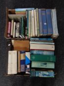 Two boxes containing hard back volumes to include SIr Walter Scott, dictionaries,