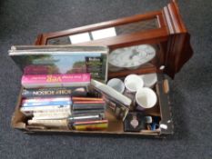 A box of London Clock Company Westminster wall clock, vinyl records - The Beatles, mugs, watch,