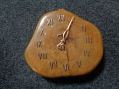 A twentieth century rustic battery operated wall clock made from silver birch by Sinclair