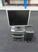 A Minato Hi-Fi with speakers together with an Acer computer monitor and a box containing vinyl LPs