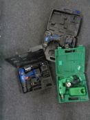 Three cased power tools to include an NU power 18 volt drill, an NU tool 16.8V drill and a 7.