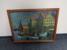 A continental school oil on canvas, boats in dock, initialed H.B.