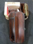 A 20th century stained pine wall shelf together with a box containing 78s,