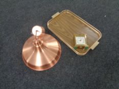 A gilt twin handled serving tray together with a contemporary copper pendant light fitting and a
