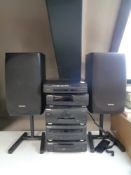 A four piece technics Hi-Fi separates system together with technics speakers on stand and an Akai
