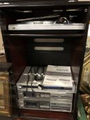 A mahogany audio cabinet containing Hi-Fi separates to include a JVC turntable and quartz