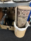 A box containing assorted ladies bags, boxed vintage Braun hair styling set,