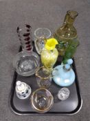 A tray containing antique and later glassware to include hand painted water jug, vase, hand bell,