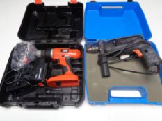 A cased Black and Decker 18 volt drill together with a cased Black and Decker corded drill.