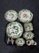 A tray containing 11 pieces of Mason's Charteuse china to include wall plates, wall clock,