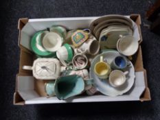 A box of ceramics including commemorative china, Sadler teapot, tea china etc.