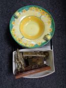 A vintage glass light shade (AF) together with a porcelain hand coloured dish,