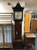 An oak eight day caddy top longcase clock, 18th century and later, silvered dial signed John Brice,